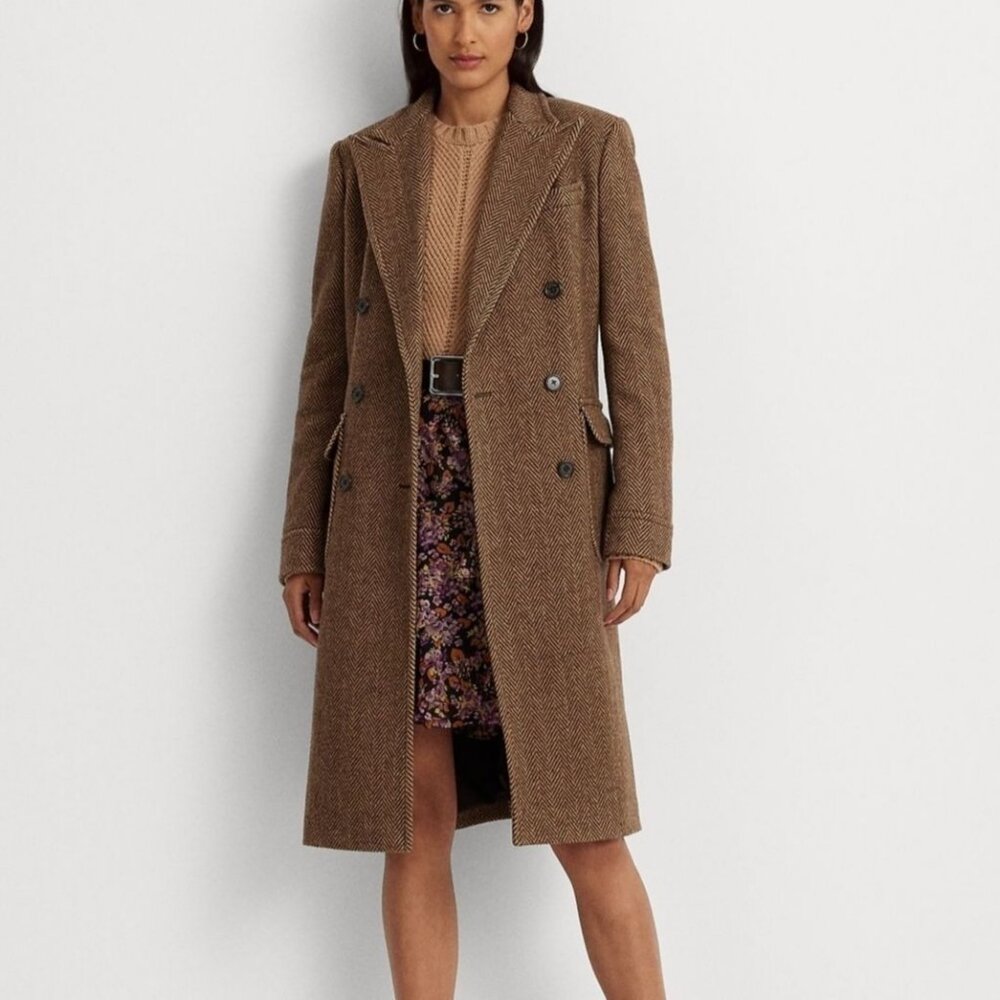 Ralph Lauren Double-Breasted Herringbone Coat 14 Tan Multi Wool Academia NWT